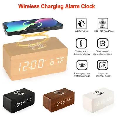 $29.49 • Buy Digital Alarm Clock Wooden Table Desk Bedside LED Clock With Wireless Charger