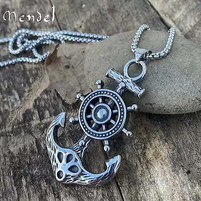 $12.99 • Buy MENDEL Large Mens Stainless Steel Nautical Ship Wheel Anchor Pendant Necklace