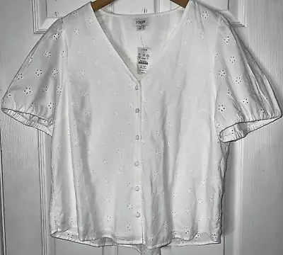 NWT Sz Large J.Crew White Eyelet Button Down Short Sleeve VNeck Shirt Top Blouse • $19.99