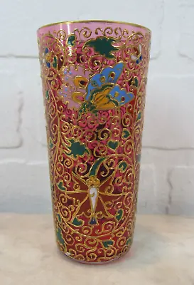 Antique Bohemian Moser Glass Beaker Tumbler Enamel BEE BUTTERFLY FLOWERS • $350