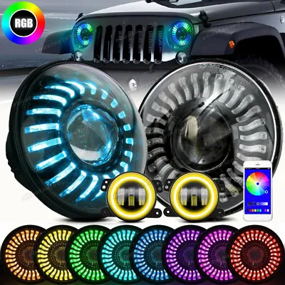 $199.99 • Buy 7 & 4  RGB LED Halo APP Headlights Amber Fog Lights For Jeep Wrangler JK JKU