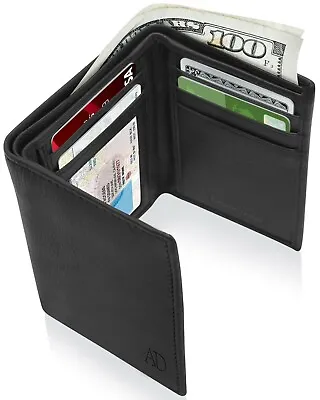 Real Leather Slim Wallets For Men Trifold Mens Wallet W/ ID Window RFID Blocking • $14.99