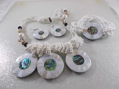 BOHO MOP Abalone Shell Medallions Milk Glass Bead Necklace Bracelet Earrings Set • $18