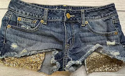 American Eagle Booty Shorts Jean Cut Off Frayed Distressed 4 Gold Sequin Pockets • $18.39