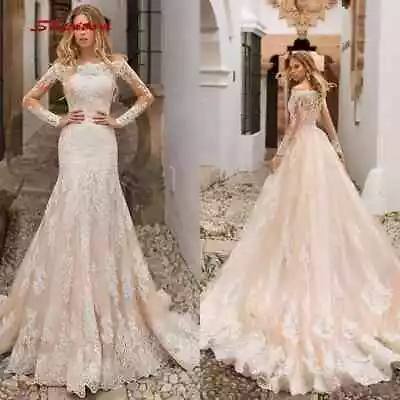 Champagne Lace Tulle Mermaid Wedding Dresses Long Sleeve Detachable Bridal Gowns • $149