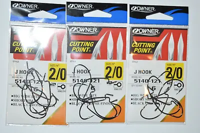 3 Packs Owner Cutting Point J Hook Extra Big Wide Bite 2/0 5140-121  Black • $13.95