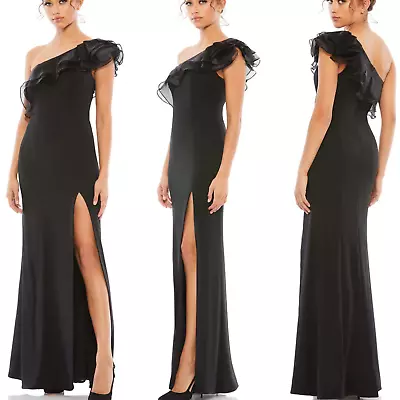 Mac Duggal NWT High Slit Ruffle Trim One Shoulder Gown Black Size 10 Asymmetric • $175