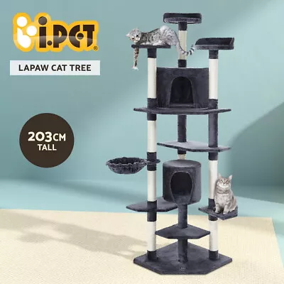 I.Pet Cat Tree Tower Scratching Post Scratcher 203cm Condo Trees House Bed Grey • $92.95