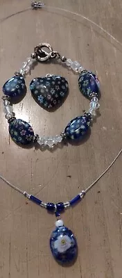 VTG Millefiori Murano Italy Floral Art Glass Necklace Pendant And Bracelet Set • $40