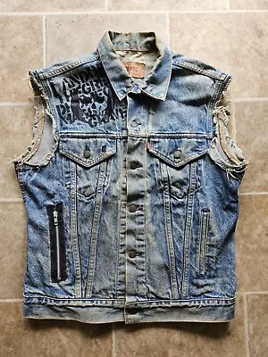 VTG 80s Levi's 71506 0216 Cut Off Denim Battle Vest English Dogs Punk  Rock USA • $69.99