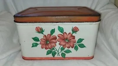 Vintage Rectangle Tin Bread Box With Air Holes Red Floral 13.75 ×10 ×8.25   • $26.99