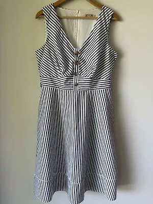 Review Dress Womens Fit N Flare White Blue Stripe Buttons Tie Sleeveless Sz 12 • $39