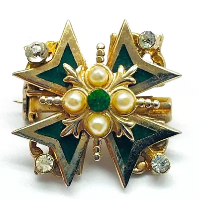 CORO Tiny Maltese Cross Pin Gold Tone Simulated Pearl Green Enamel Honor Protect • $24.99