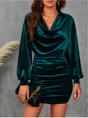 Green BAE Draped Collar Drop Shoulder Ruched Velvet Bodycon Dress Sz S M L XL • $39.99