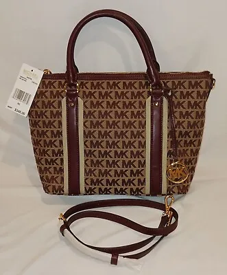 NWT Michael Kors Medium Bedford MK Logo Monogram Satchel Bag Oxblood/Tan • $104.99