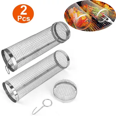 2PCS Rolling Grilling Basket BBQ Net Tube Round Stain Steel Grill Mesh Cylinder • $22.30