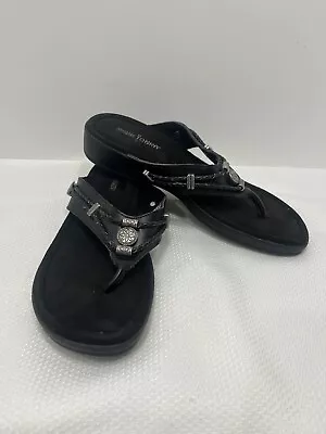 Minnetonka Sandals Women Size 9 Leather Silverthorne Black Silver Accents • $24.99