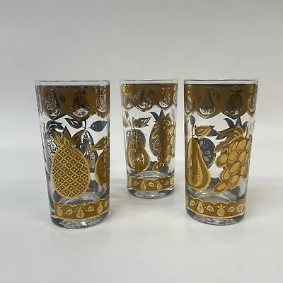 Culver Vintage Set Of 3 High Ball Glasses Gold Florentine Fruit Pineapple Grapes • $25.55