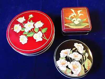 Vtg Floral Tin 3pc Lot 6-8 1/2  Round Roses And 5  Square Cala Lilies Clean Sy • $12.99