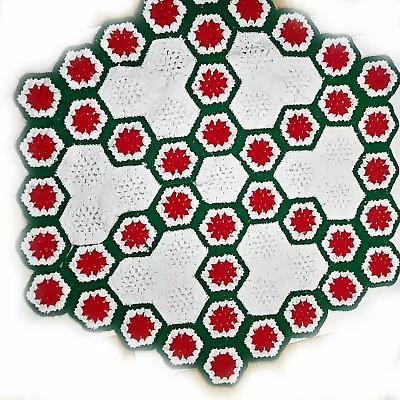 Vintage Handmade Crochet Christmas Hexagon 6-Sided Tablecloth Covering 48 X 48 • $14.99