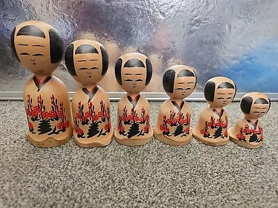 Japanese Traditional Wooden  Kokeshi Dolls Set Of 6 Dolls Genuine Japanese  • £29.99