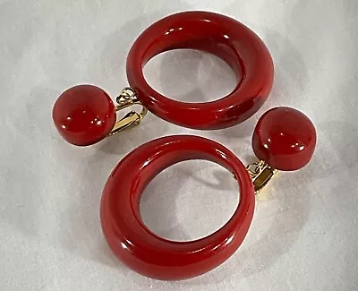 Vintage KJL Kenneth Jay Lane Cherry Red Dangle Hoop Earrings Clip On • $44.99