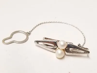 Pearl Bar Tie Slide Clip With Chain And Button Slip Sterling Silver 4.9g T.W • $37.32