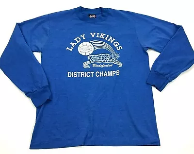 VINTAGE Lady Vikings Volleyball Shirt Size Medium Blue Tee UNDEFEATED CHAMPIONS • $6.75