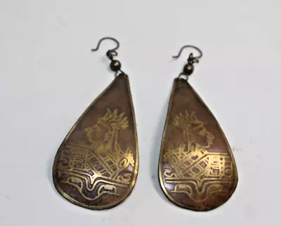 Vintage Mayan Aztec Deity Tribal Etched Brass & Copper Inllay Teardrop Earrings • $18