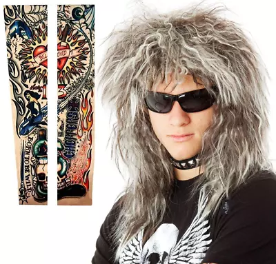 70S 80S Rocker Wigs Men + Tattoos Costume Set Glam Hairband Rockstar Mullet Wig  • $34.88