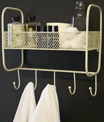 Bathroom Wall Shelf With Hooks Metal Mesh Shabby Toiletries Basket Towels Hanger • £25.90