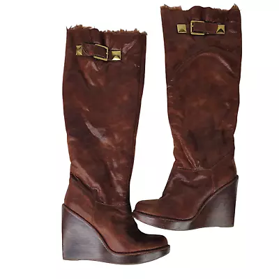 Michael Kors Brown Shearling Round-toe With Stacked Wedge Below The Knee Boots 7 • $37.65