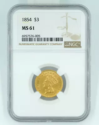 1854 NGC MS61 $3 Gold Indian Princess • $2750