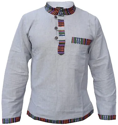 Hemp Cotton Ethnic Border Grandad Shirt Pocket Casual Summer Kurtas • £19.99