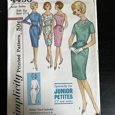 Vintage 1960s Simplicity 4490 Junior Petite MCM Dress Sewing Pattern 5JP XXS CUT • $7