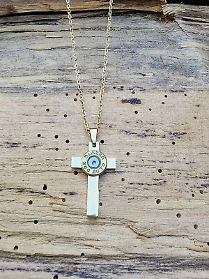 Small Gold Stainless Steel Cross Necklace With 380 Bullet. Optional Crystal. • $32