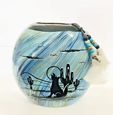 Maw Paw Native American Pottery Coyote & Cactus Bold Design Purse Vase • £29.50