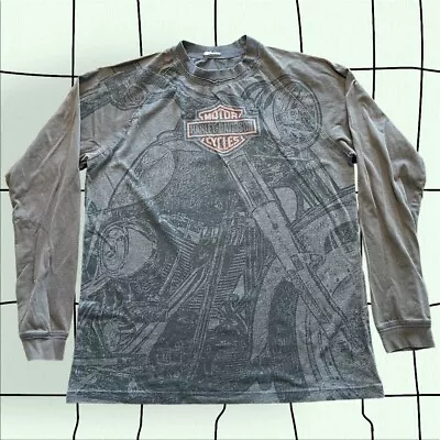 Vintage Y2K Harley Davidson All Over Print Fits L Long-Sleeve T-Shirt Rare Bike • $24.99