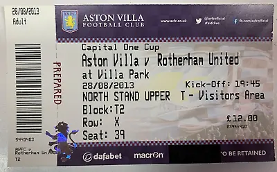 ASTON VILLA V ROTHERHAM UTD TICKET - 28/08/13 - CAPITAL ONE CUP • £0.80