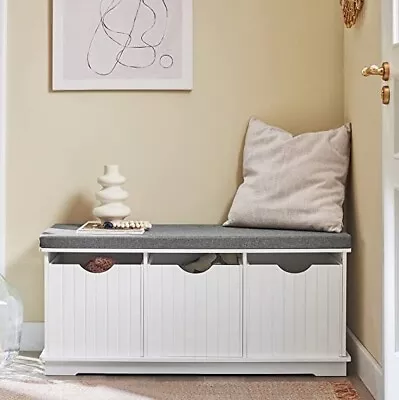 £122.94 • Buy White Wooden Storage Bench Grey Cushion 3 Drawers Entryway Hall Bedroom Shoes