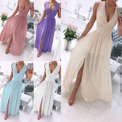 Women's Chiffon V Neck Evening Party Dress High SPlit Ball Gown Bridesmaid Dress • £23.57