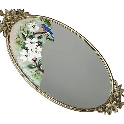 Mid Century Matson Gold Bird Flowers Floral Filigree Handpainted Mirror Decor • $124.99