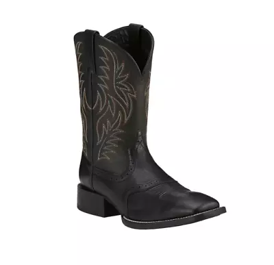 Men's Black Full Grain Leather Wide Square Toe Cowboy Boots - 5 Day Delivery • $126