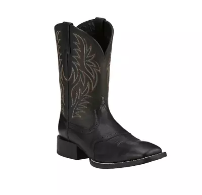 Men's Black Full Grain Leather Wide Square Toe Cowboy Boots (7 DAYS DELI) • $108