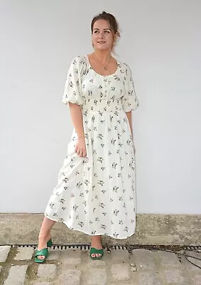 Ex TU Off White+Pink Ditsy Floral Puff Sleeve Shirred Waist Midi Dress Size 8-20 • £10