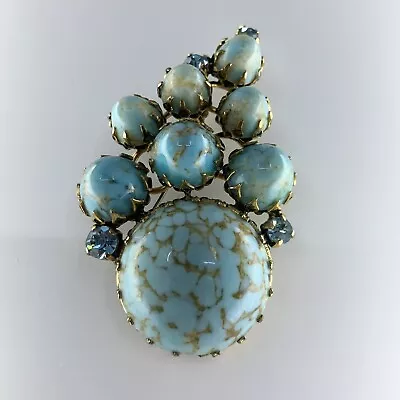 Vintage West Germany Gold Tone Faux Robins Egg Turquoise Rhinestone Brooch As Is • $49.95