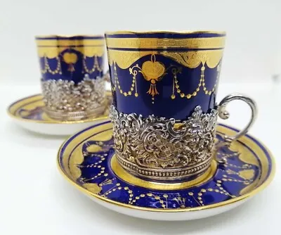 MINTON Gold Plated Lapis Lazuli Cup & Saucer Pair Sterling Silver Handle Antique • $376