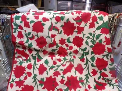 Vintage  Printed Cotton/Canvas Tablecloth- RED FLOWERS/ GREEN EDGE • $14.99