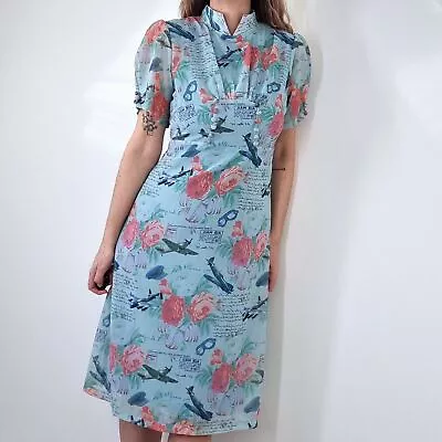 Lindy Bop Tea Dress Airmail Midi Retro Mint Roses Revival 40s WW2 Occasion 14 • $45.63