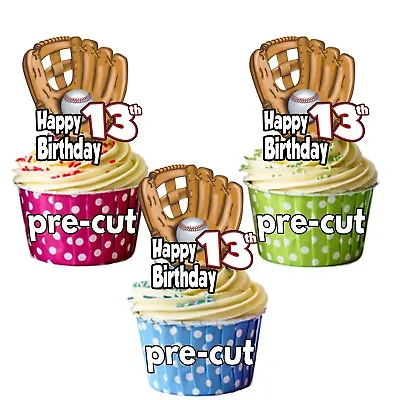 PRECUT Baseball Glove 12 Cup Cake Toppers Birthday Decorations ANY AGE 1 To 115 • £3.75